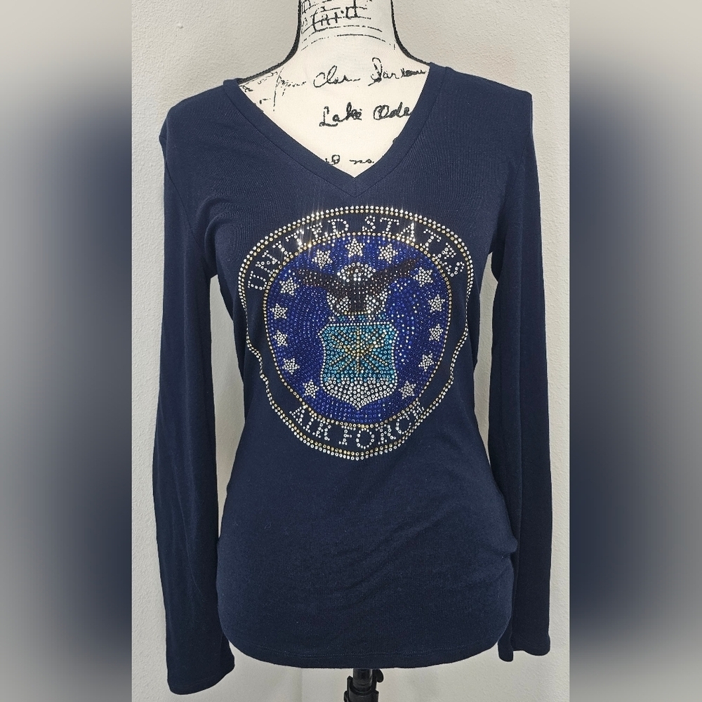 Old Navy Perfect Fitted V-Neck Long Sleeve Air Force Rhinestones Tee Sz MED NWT